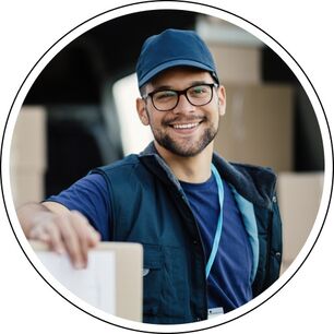 Eine Person in blauer Arbeitskleidung hält ein großes Paket vor einem Fahrzeug. Im Hintergrund sind mehrere Kartons zu sehen, was auf eine Liefer- oder Logistikumgebung hinweist.